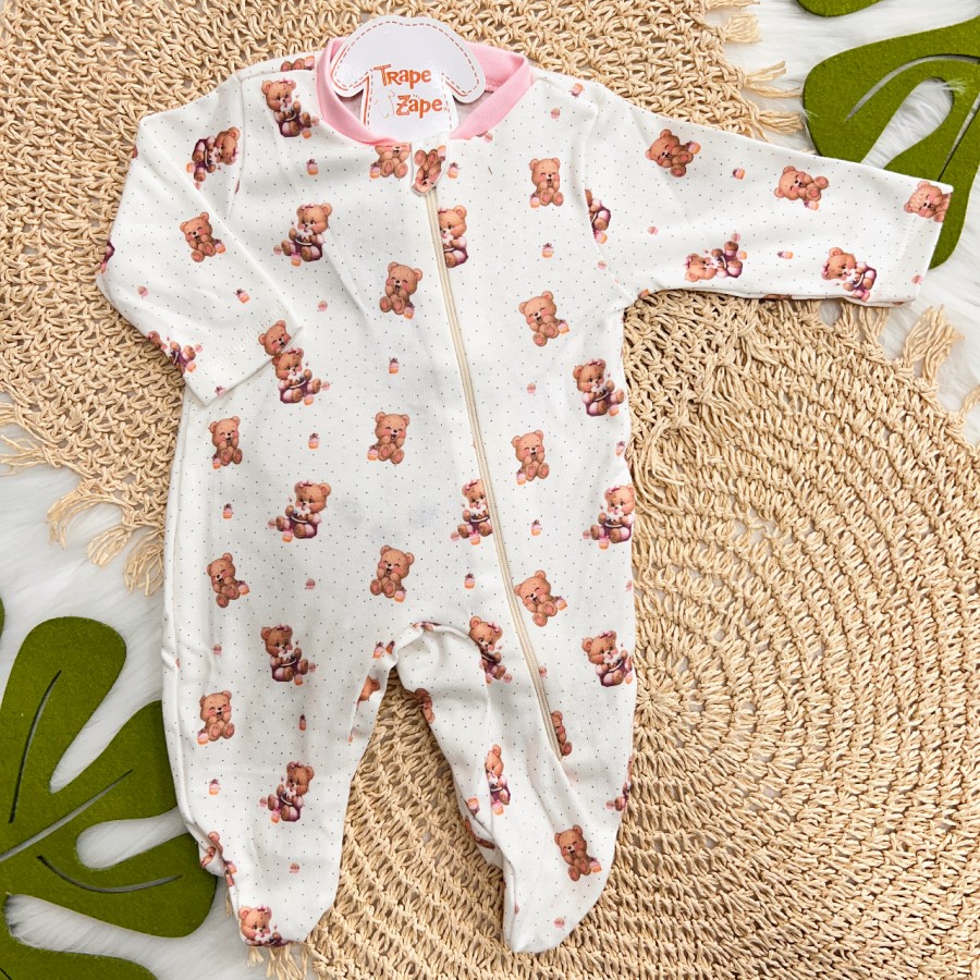 Macacão Longo de Malha - Ursinha Fofa com Laço - Rosa e Off White